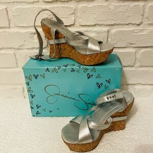 Vintage Jessica Simpson Metallic Silver Cork Wedges